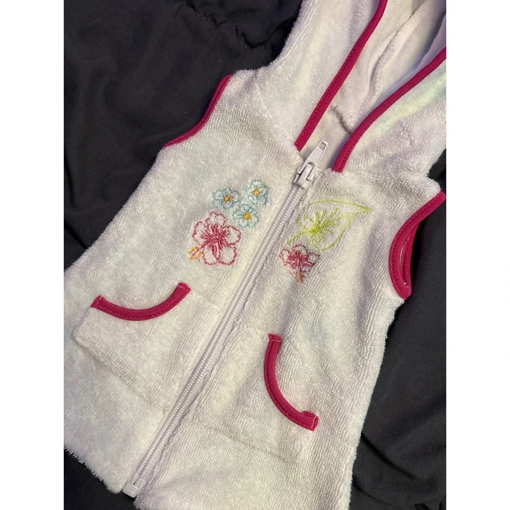 American Girl White Terry Hooded Swim Cover Up Floral Embroidered Doll Clothes